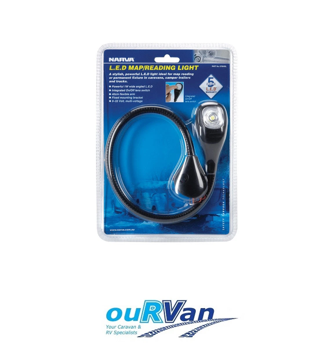 NARVA 87684BL LED MAP READING LIGHT 40CM FLEXIBLE ARM 9-33V CARAVAN RV 2 NARVA 87684BL LED MAP READING LIGHT 40CM FLEXIBLE ARM 9-33V CARAVAN RV - Image 2